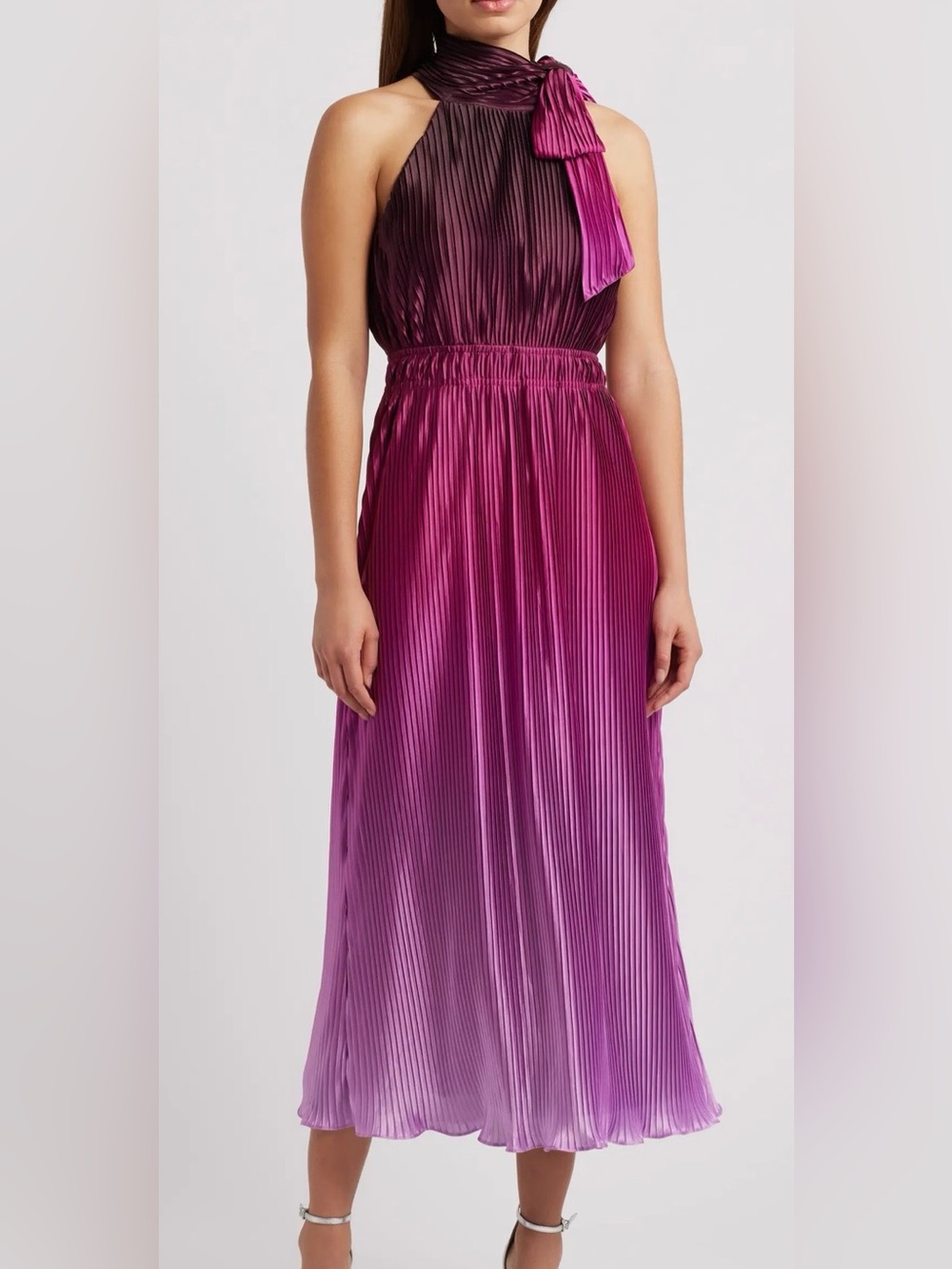 Anne Klein Pleated Ombre Maxi Dress- Magenta Pink